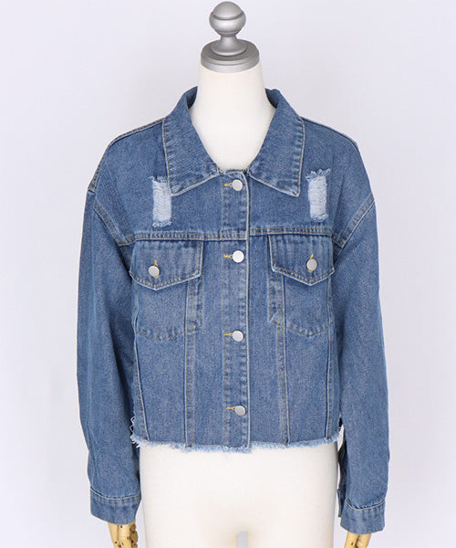 バック刺繍ショート丈ダメージデニムジャケット 06-2902｜40代
