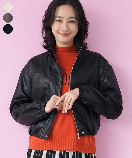 フェイクレザー裾ゴムショート丈ジャケット 06-2910｜40代 50代 60代