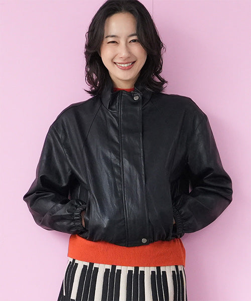 フェイクレザー裾ゴムショート丈ジャケット 06-2910｜40代 50代 60代