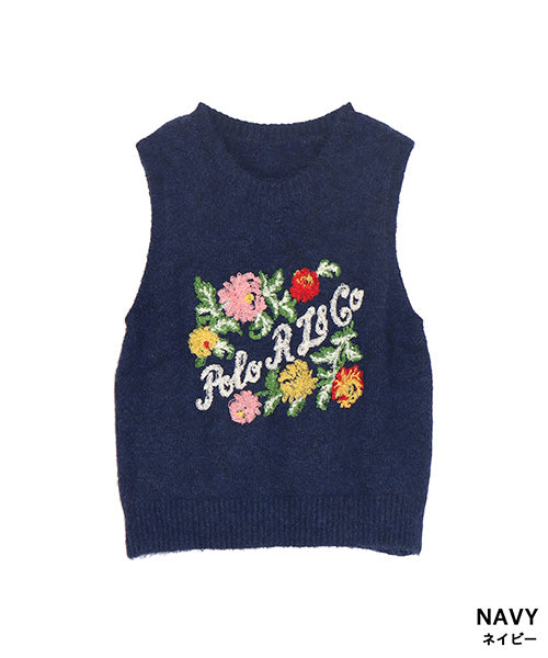 フラワー英字ループ刺繍ニットベスト 06-2915｜40代 50代 60代 大人の