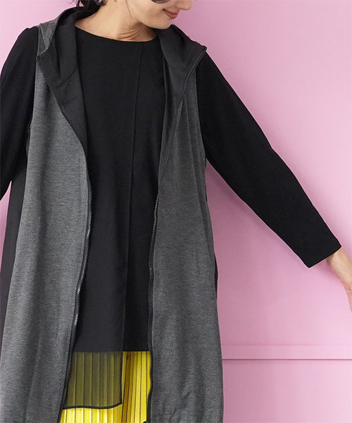 異素材切替フードジップロングベスト 06-2918｜40代 50代 60代 大人の