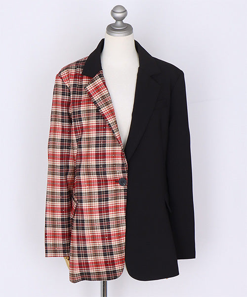 スパンコール付チェックアシンメトリー切替ジャケット 06-2920｜40代