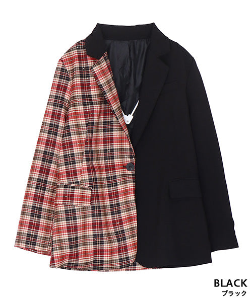 スパンコール付チェックアシンメトリー切替ジャケット 06-2920｜40代