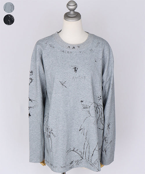 アートスケッチプリント長袖ワイドカットソー 06-2924