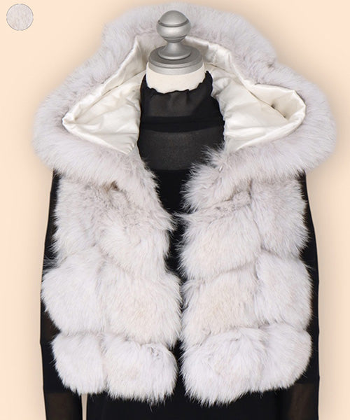 フォックスファーフード付き前開きショートベスト 06-2927｜40代 50代