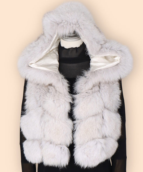 フォックスファーフード付き前開きショートベスト 06-2927｜40代 50代