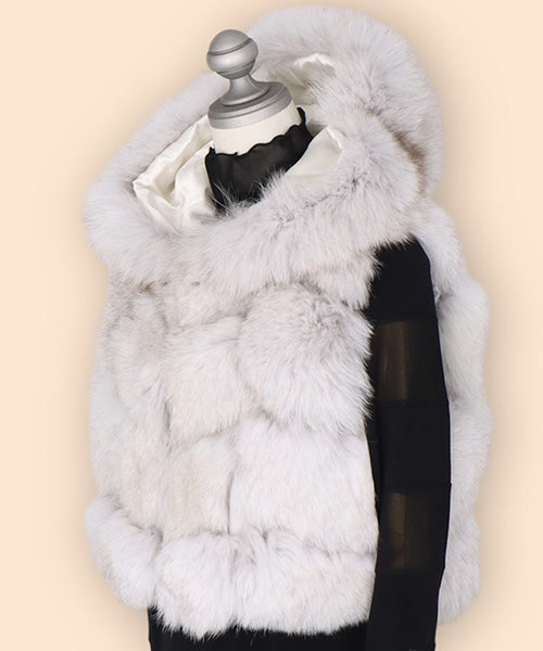 フォックスファーフード付き前開きショートベスト 06-2927｜40代 50代