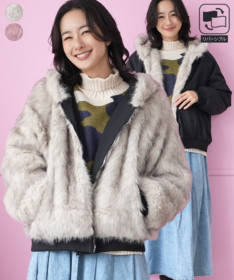 フード付きリバーシブルフェイクファージップジャケット 06-2936｜40代