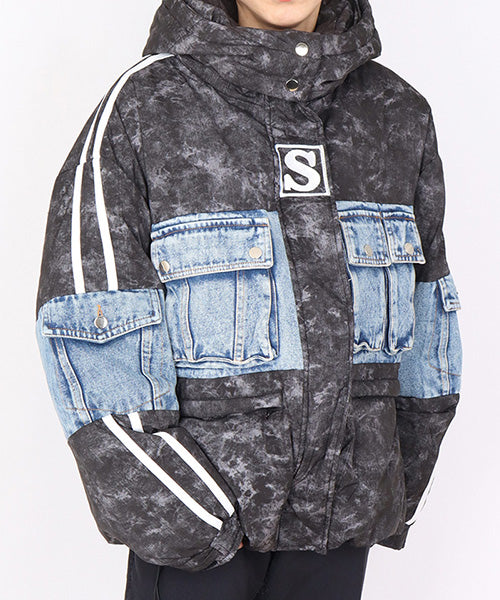 デニム切替デザインフード付きダウンミックスジャケット 06-2942｜40代