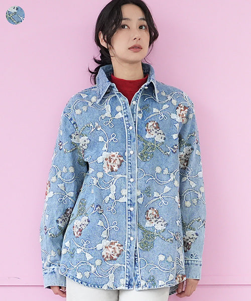 綿100％スパンコール花刺繍デニムシャツブラウス 06-2946