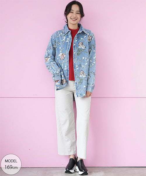 綿100％スパンコール花刺繍デニムシャツブラウス 06-2946