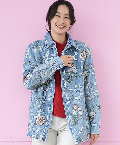 綿100％スパンコール花刺繍デニムシャツブラウス 06-2946