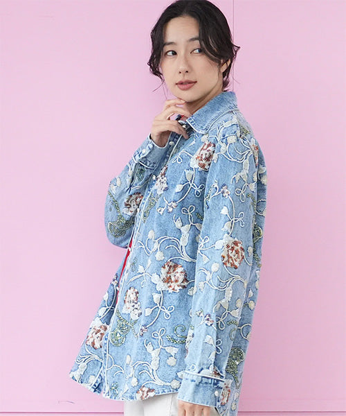 綿100％スパンコール花刺繍デニムシャツブラウス 06-2946