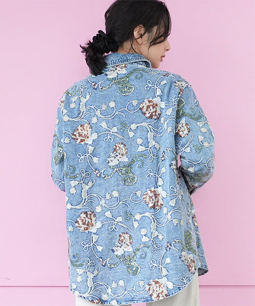 綿100％スパンコール花刺繍デニムシャツブラウス 06-2946