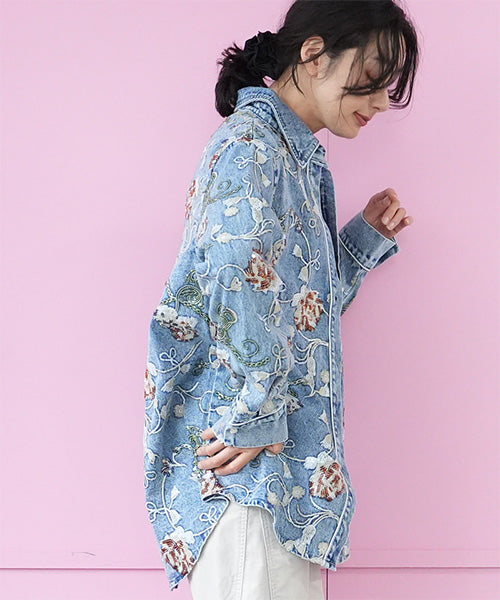 綿100％スパンコール花刺繍デニムシャツブラウス 06-2946