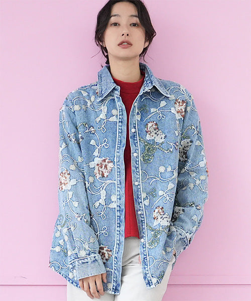 綿100％スパンコール花刺繍デニムシャツブラウス 06-2946