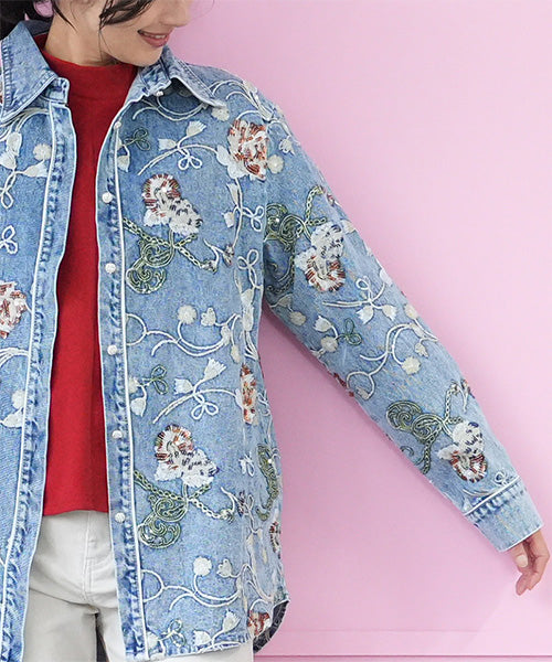 綿100％スパンコール花刺繍デニムシャツブラウス 06-2946