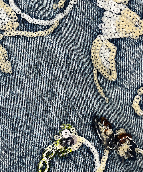 綿100％スパンコール花刺繍デニムシャツブラウス 06-2946