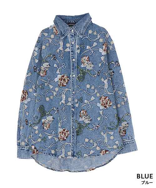 綿100％スパンコール花刺繍デニムシャツブラウス 06-2946