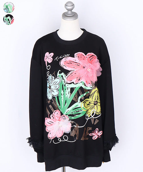 3Dフラワープリント×チュールアクセント長袖カットソー 06-2955