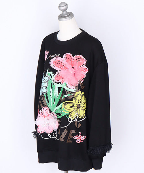 3Dフラワープリント×チュールアクセント長袖カットソー 06-2955