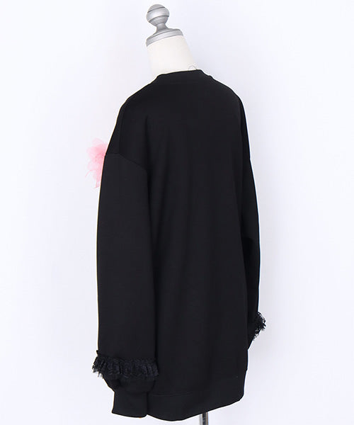 3Dフラワープリント×チュールアクセント長袖カットソー 06-2955