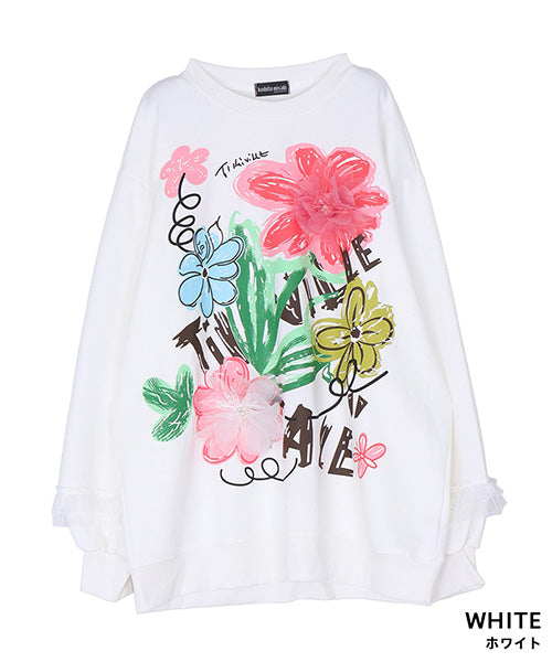 3Dフラワープリント×チュールアクセント長袖カットソー 06-2955