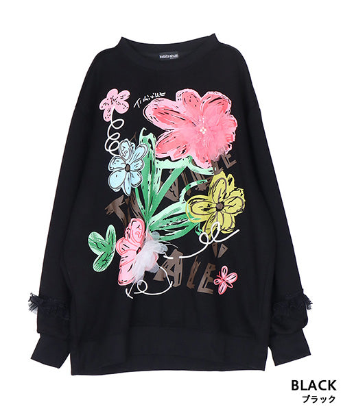 3Dフラワープリント×チュールアクセント長袖カットソー 06-2955
