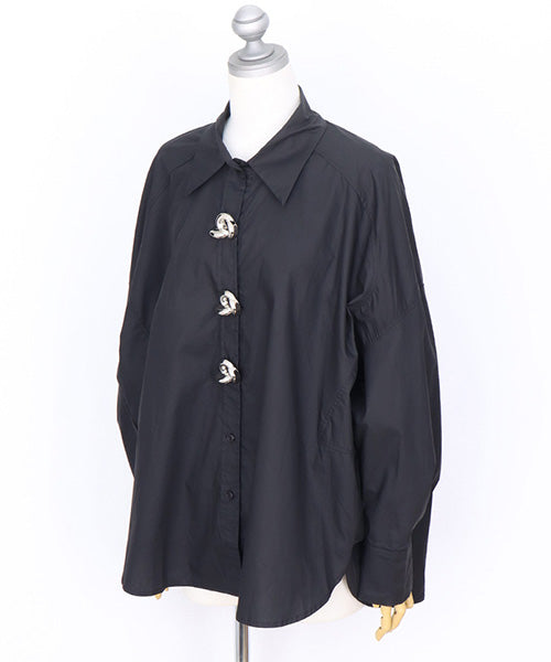 綿100％ビッグボタン変形切替ドロップショルダーシャツブラウス 06