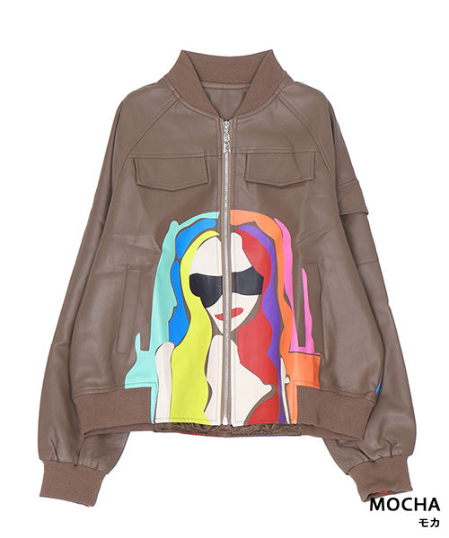 アートフェイスプリントフェイクレザーショートジャケット 06-2963｜40