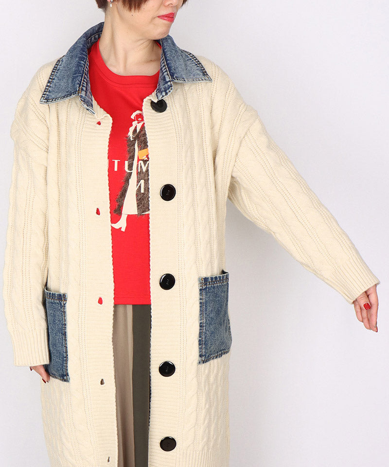 デニム切替ケーブルニットロングカーディガン 06-3007