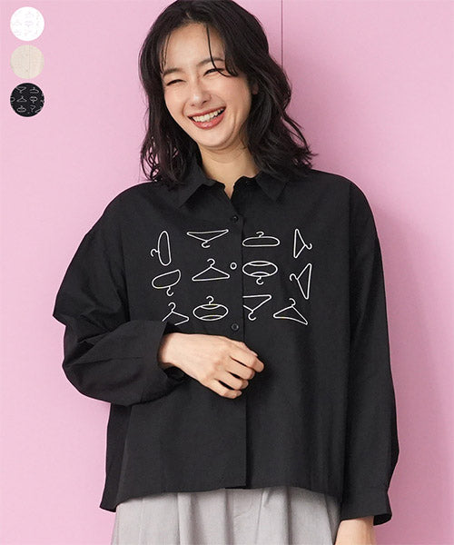 綿100％ハンガー刺繍長袖シャツブラウス 06-3009