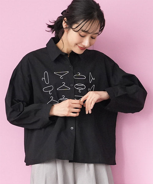 綿100％ハンガー刺繍長袖シャツブラウス 06-3009