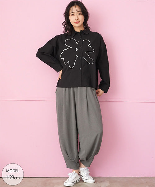 綿100％ライン花刺繍ワイドシルエットショート丈シャツブラウス 06
