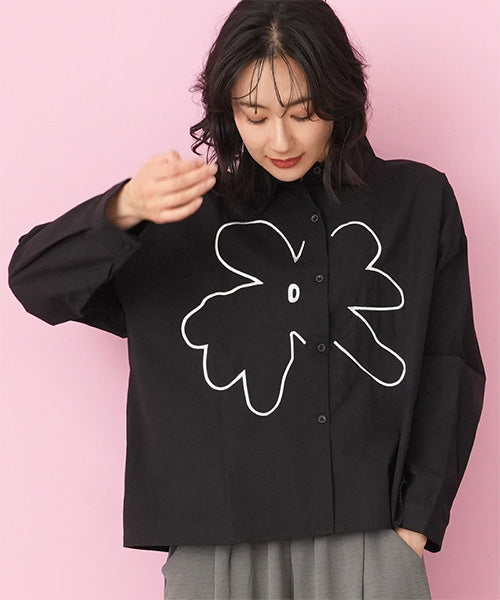綿100％ライン花刺繍ワイドシルエットショート丈シャツブラウス 06