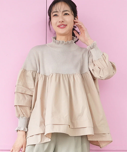 ハイネックリブ地切替タックスリーブ長袖カットソー 06-3022