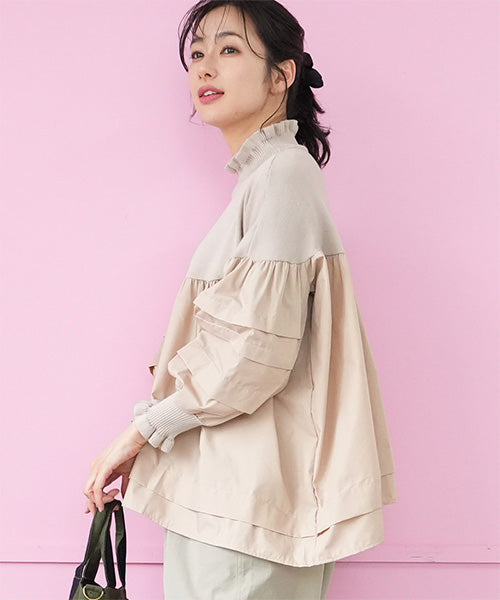 ハイネックリブ地切替タックスリーブ長袖カットソー 06-3022