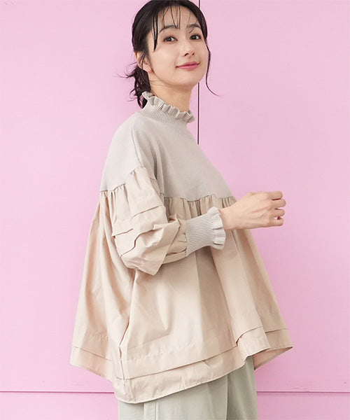 ハイネックリブ地切替タックスリーブ長袖カットソー 06-3022