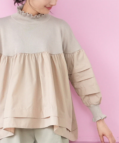 ハイネックリブ地切替タックスリーブ長袖カットソー 06-3022