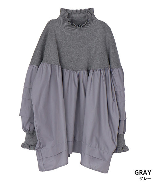 ハイネックリブ地切替タックスリーブ長袖カットソー 06-3022