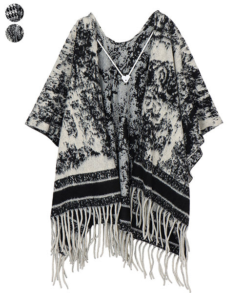 総柄フリンジニットポンチョ 06-3026｜40代 50代 60代 大人の女性に