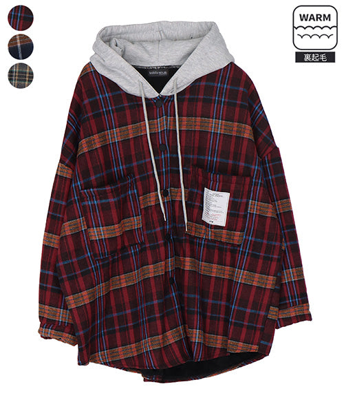 フード付き裏毛チェックシャツジャケット 06-3028｜40代 50代 60代