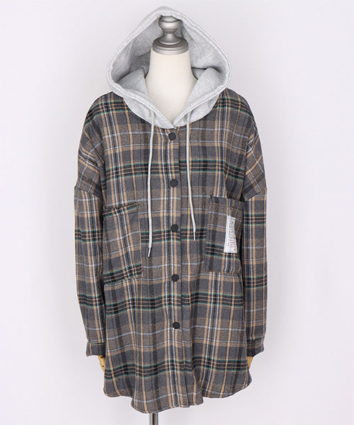フード付き裏毛チェックシャツジャケット 06-3028