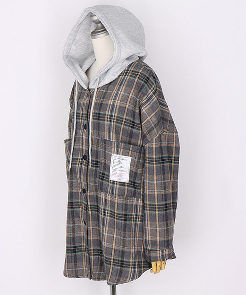 フード付き裏毛チェックシャツジャケット 06-3028｜40代 50代 60代