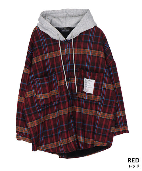 フード付き裏毛チェックシャツジャケット 06-3028