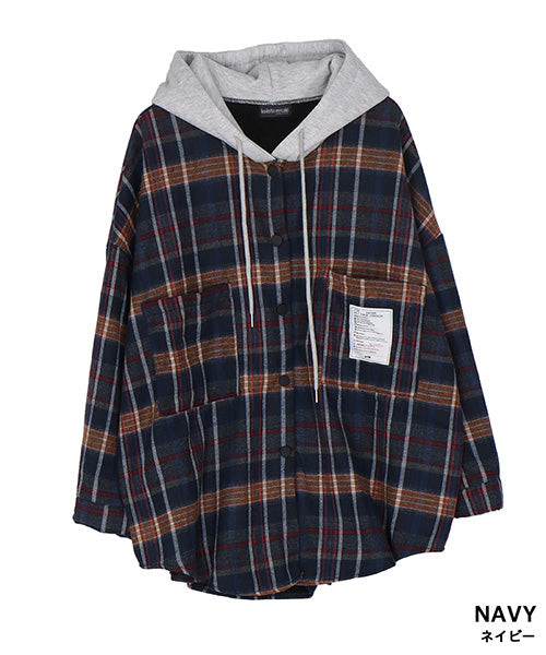 フード付き裏毛チェックシャツジャケット 06-3028