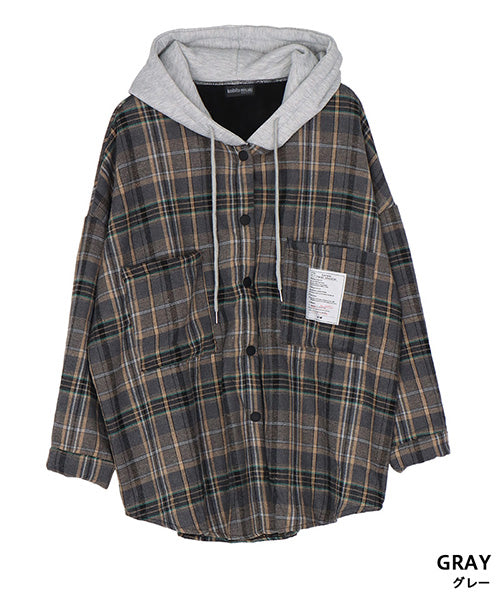 フード付き裏毛チェックシャツジャケット 06-3028