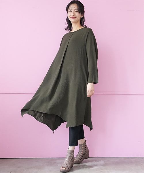 センタータックドレープ裾変形長袖ワンピース 06-3034｜40代 50代 60代