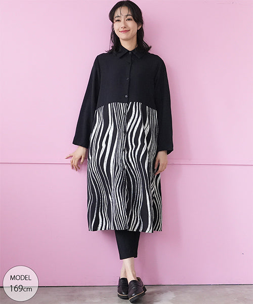アートラインプリント切替長袖シャツワンピース 06-3036｜40代 50代 60