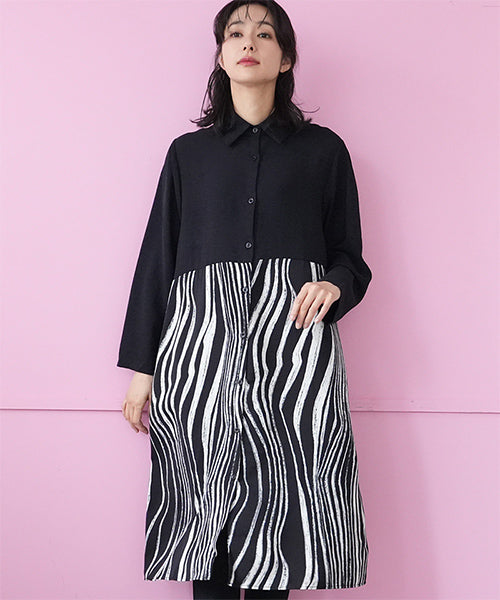 アートラインプリント切替長袖シャツワンピース 06-3036｜40代 50代 60